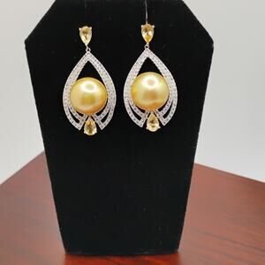 Golden South Sea Pearl and Citrine Sterling Silver Earrings